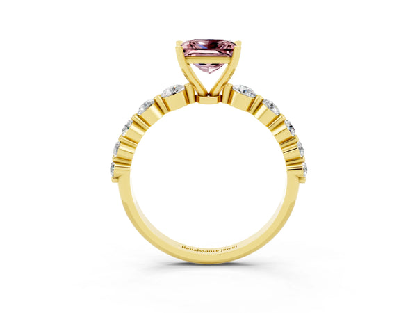 Yellow gold Princess Cut Solitaire Morganite Ring with Pave Band and Four-Prong Setting