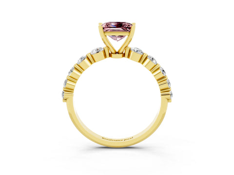 Yellow gold Princess Cut Solitaire Morganite Ring with Pave Band and Four-Prong Setting_3