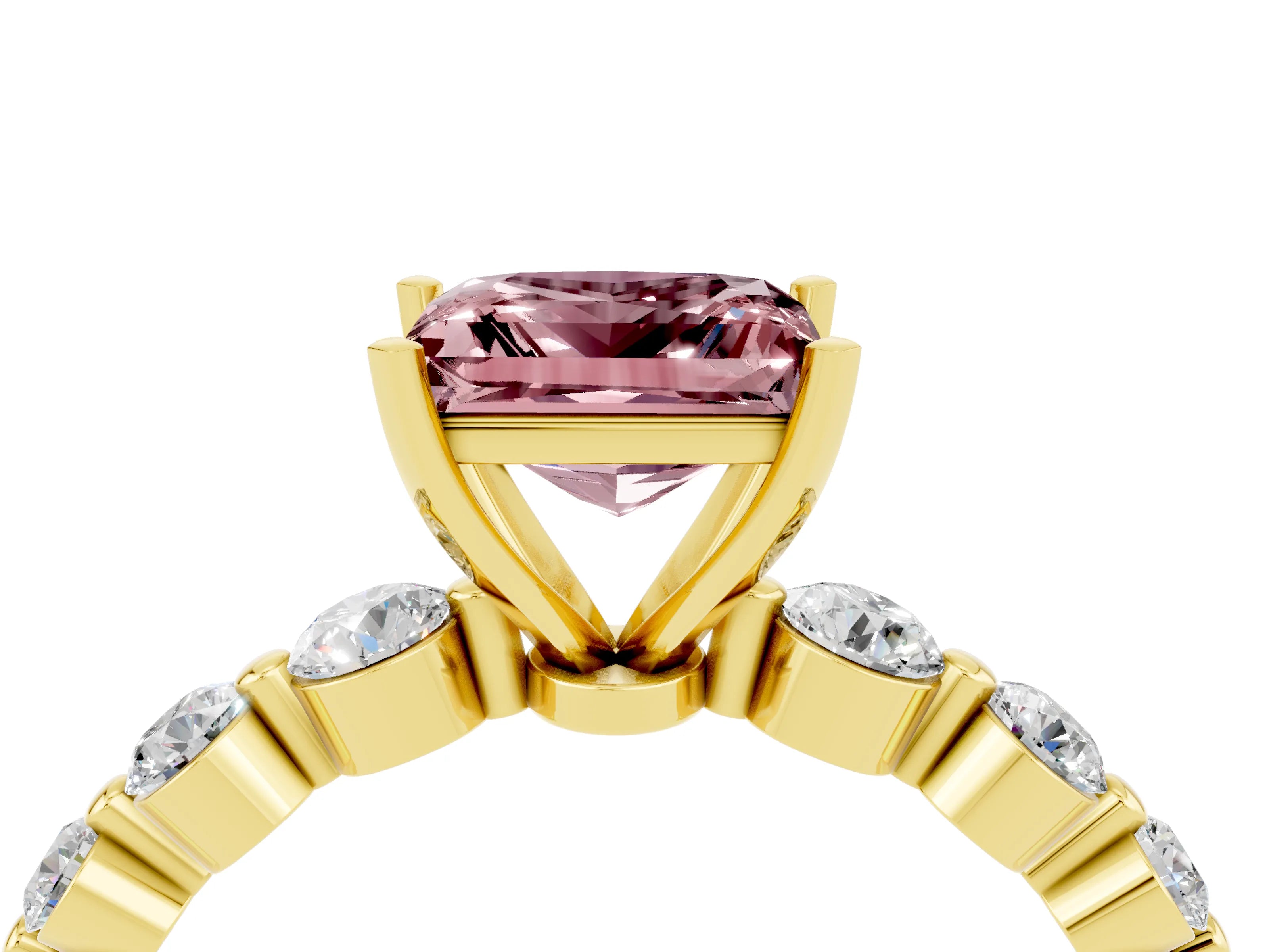 Yellow gold Princess Cut Solitaire Morganite Ring with Pave Band and Four-Prong Setting_4