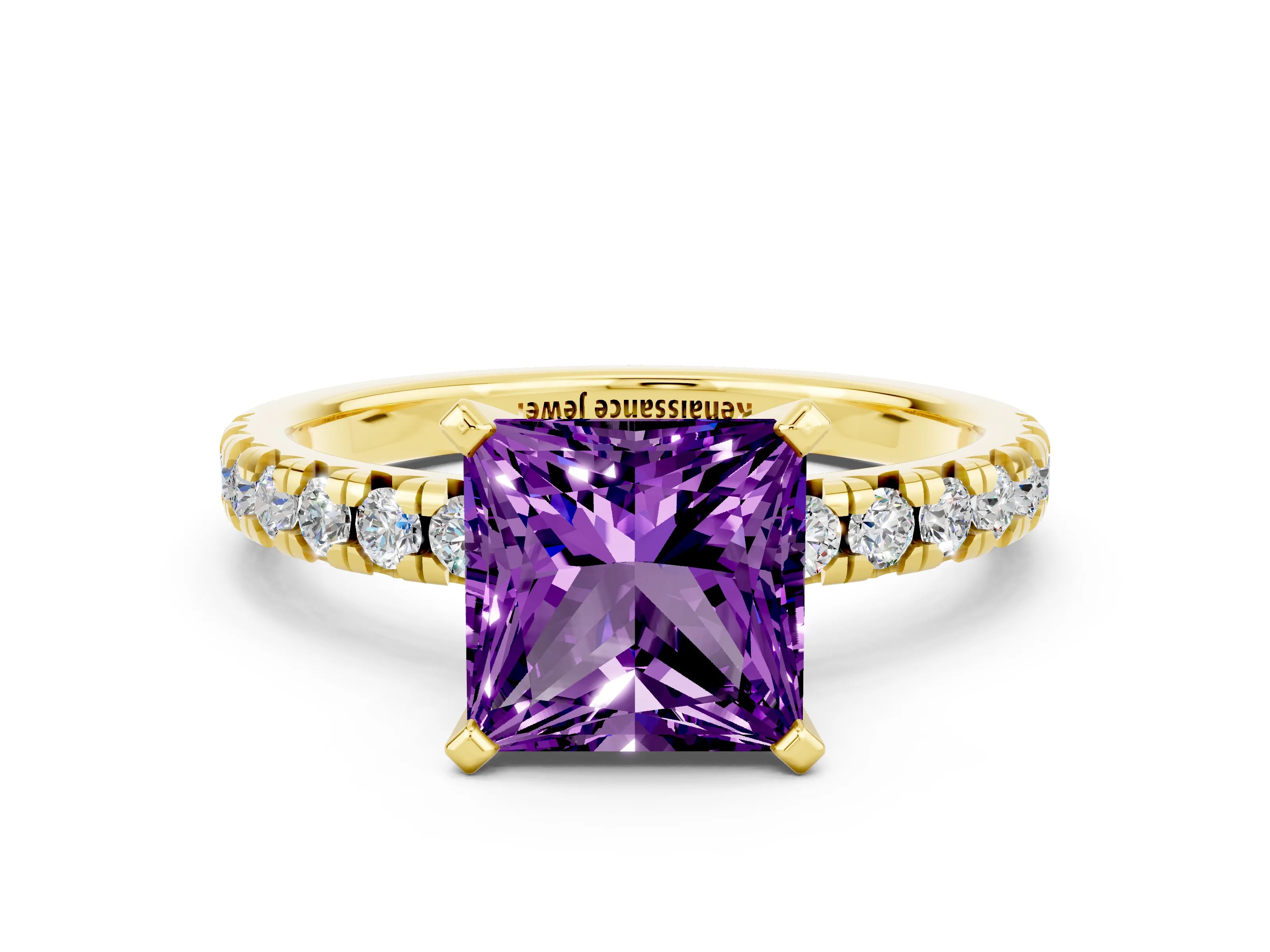 Yellow gold Princess Cut Solitaire Pave Diamond Engagement Ring with Four-Prong Setting