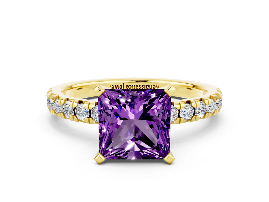Yellow gold Princess Cut Solitaire Pave Diamond Engagement Ring with Four-Prong Setting