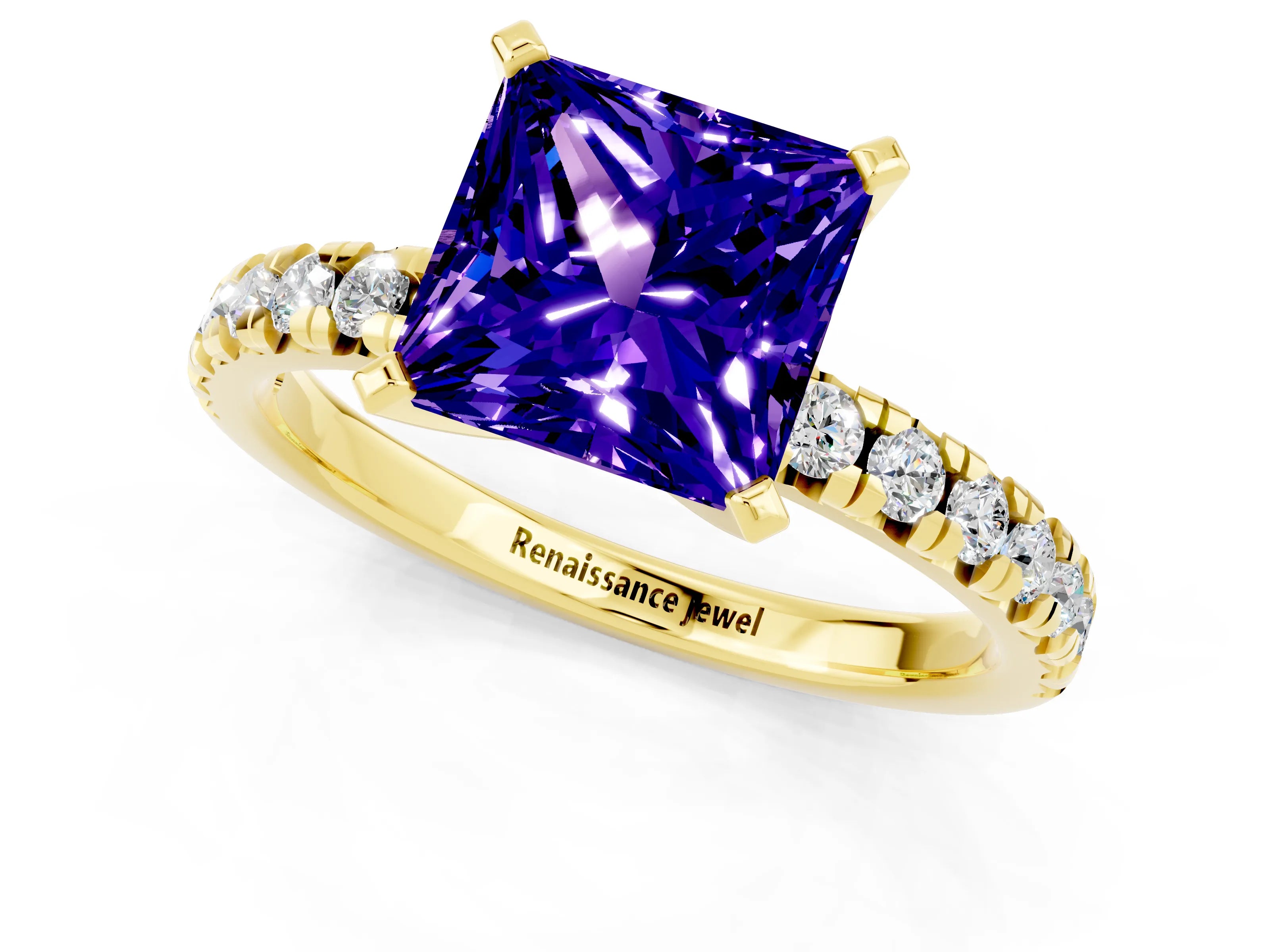 Yellow gold Princess Cut Solitaire Pave Diamond Engagement Ring with Four-Prong Setting_1