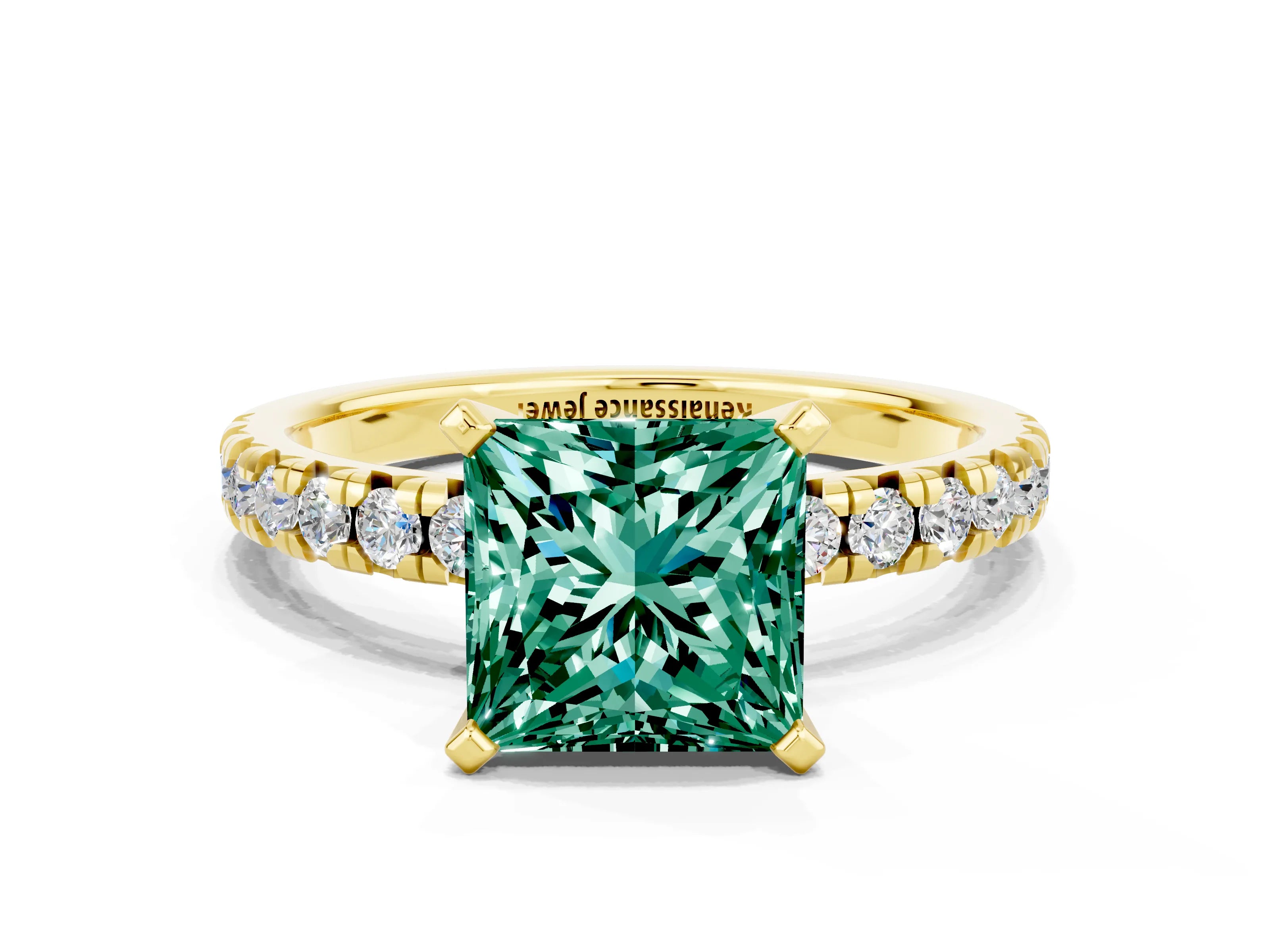 Yellow gold Princess Cut Solitaire Pave Diamond Engagement Ring with Four-Prong Setting