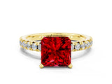 Yellow gold Princess Cut Solitaire Pave Diamond Engagement Ring with Four-Prong Setting
