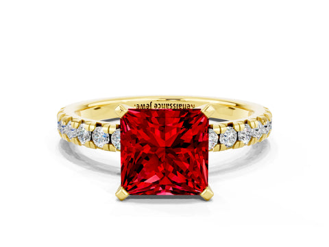 Yellow gold Princess Cut Solitaire Pave Diamond Engagement Ring with Four-Prong Setting