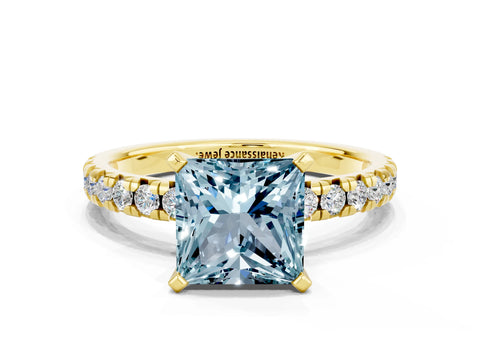 Yellow gold Princess Cut Solitaire Pave Diamond Engagement Ring with Four-Prong Setting