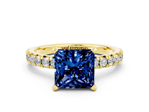 Yellow gold Princess Cut Solitaire Pave Diamond Engagement Ring with Four-Prong Setting
