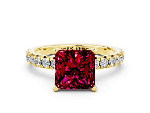 Yellow gold Princess Cut Solitaire Pave Diamond Engagement Ring with Four-Prong Setting