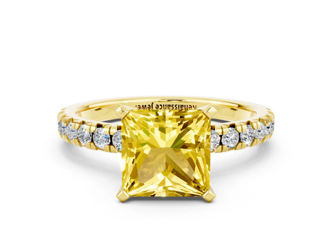 Yellow gold Princess Cut Solitaire Pave Diamond Engagement Ring with Four-Prong Setting