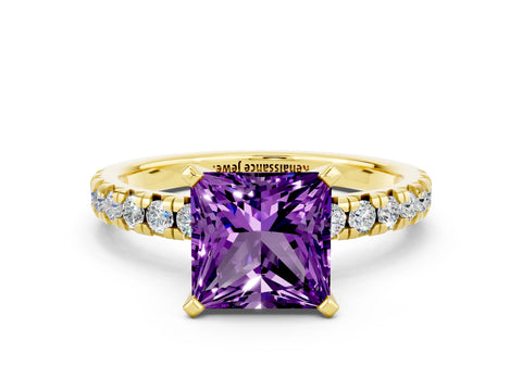 Yellow gold Princess Cut Solitaire Pave Diamond Engagement Ring with Four-Prong Setting