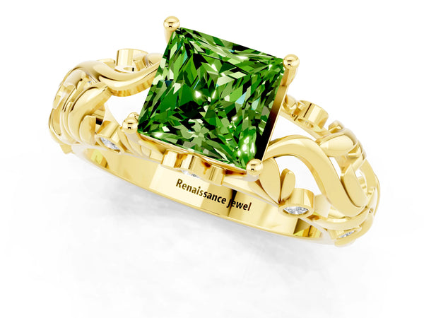 Yellow gold Princess Cut Solitaire Peridot Leaf-Inspired Vine Band Ring with Prong Setting