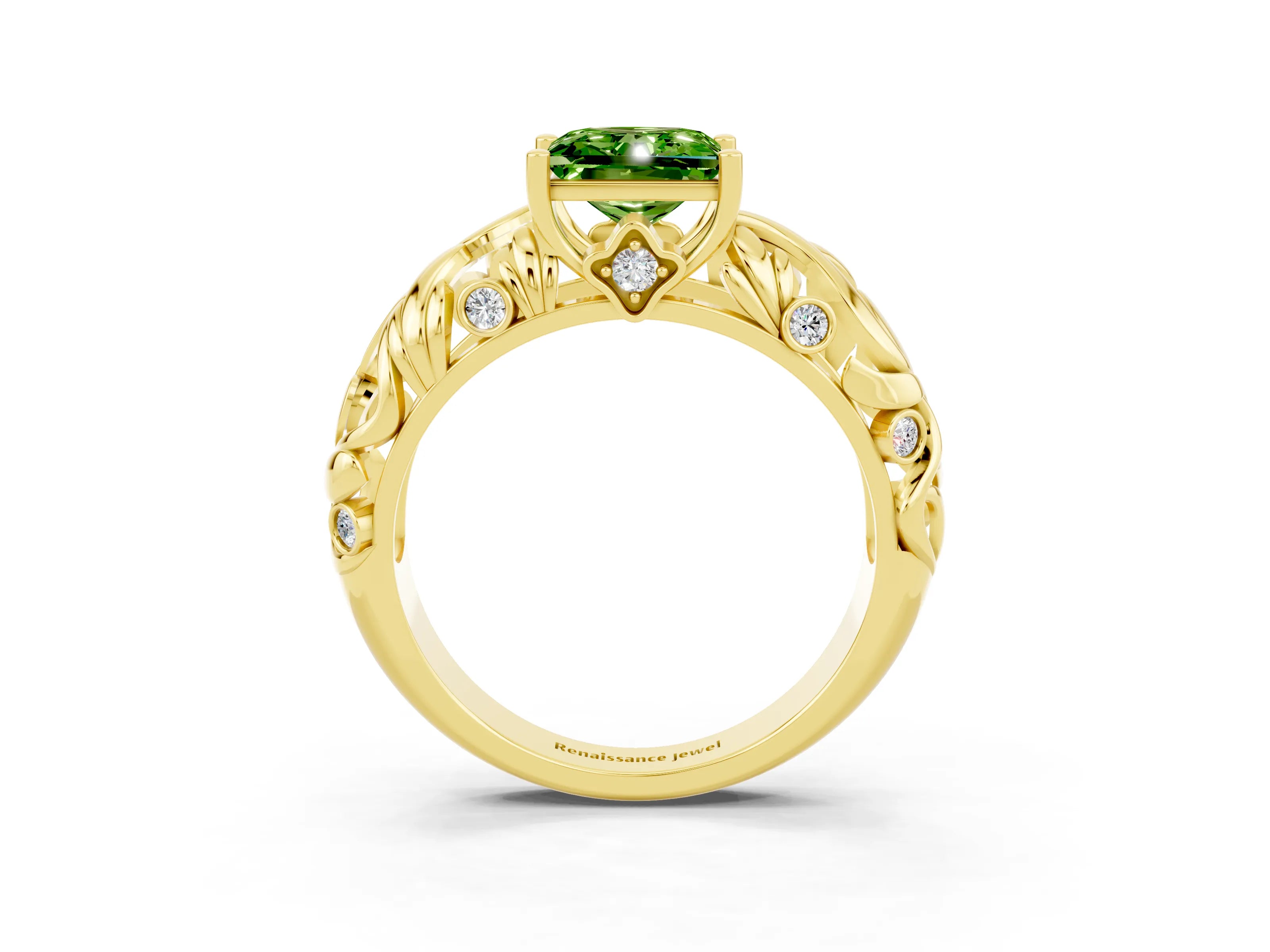 Yellow gold Princess Cut Solitaire Peridot Leaf-Inspired Vine Band Ring with Prong Setting_3