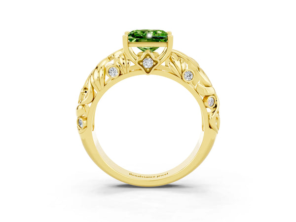 Yellow gold Princess Cut Solitaire Peridot Leaf-Inspired Vine Band Ring with Prong Setting