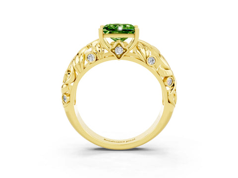 Yellow gold Princess Cut Solitaire Peridot Leaf-Inspired Vine Band Ring with Prong Setting_3