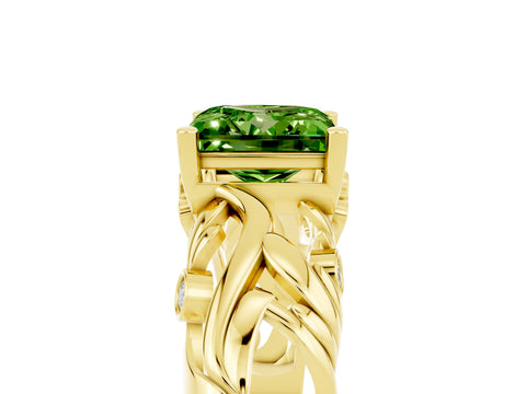 Yellow gold Princess Cut Solitaire Peridot Leaf-Inspired Vine Band Ring with Prong Setting_5