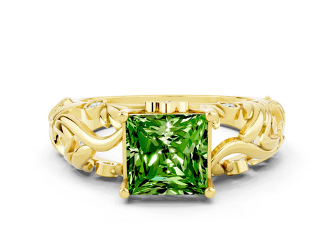 Yellow gold Princess Cut Solitaire Peridot Leaf-Inspired Vine Band Ring with Prong Setting