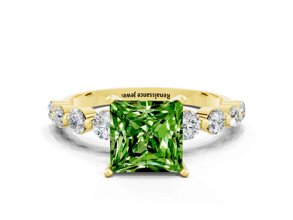 Yellow gold Princess Cut Solitaire Peridot Ring with Pave Band and Four-Prong Setting