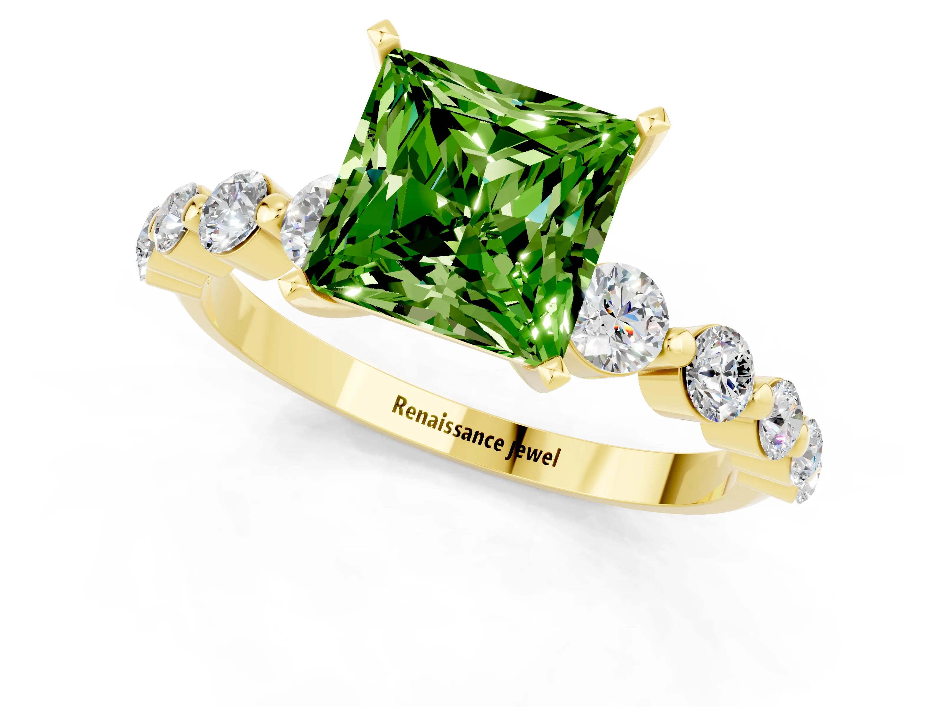 Yellow gold Princess Cut Solitaire Peridot Ring with Pave Band and Four-Prong Setting_1