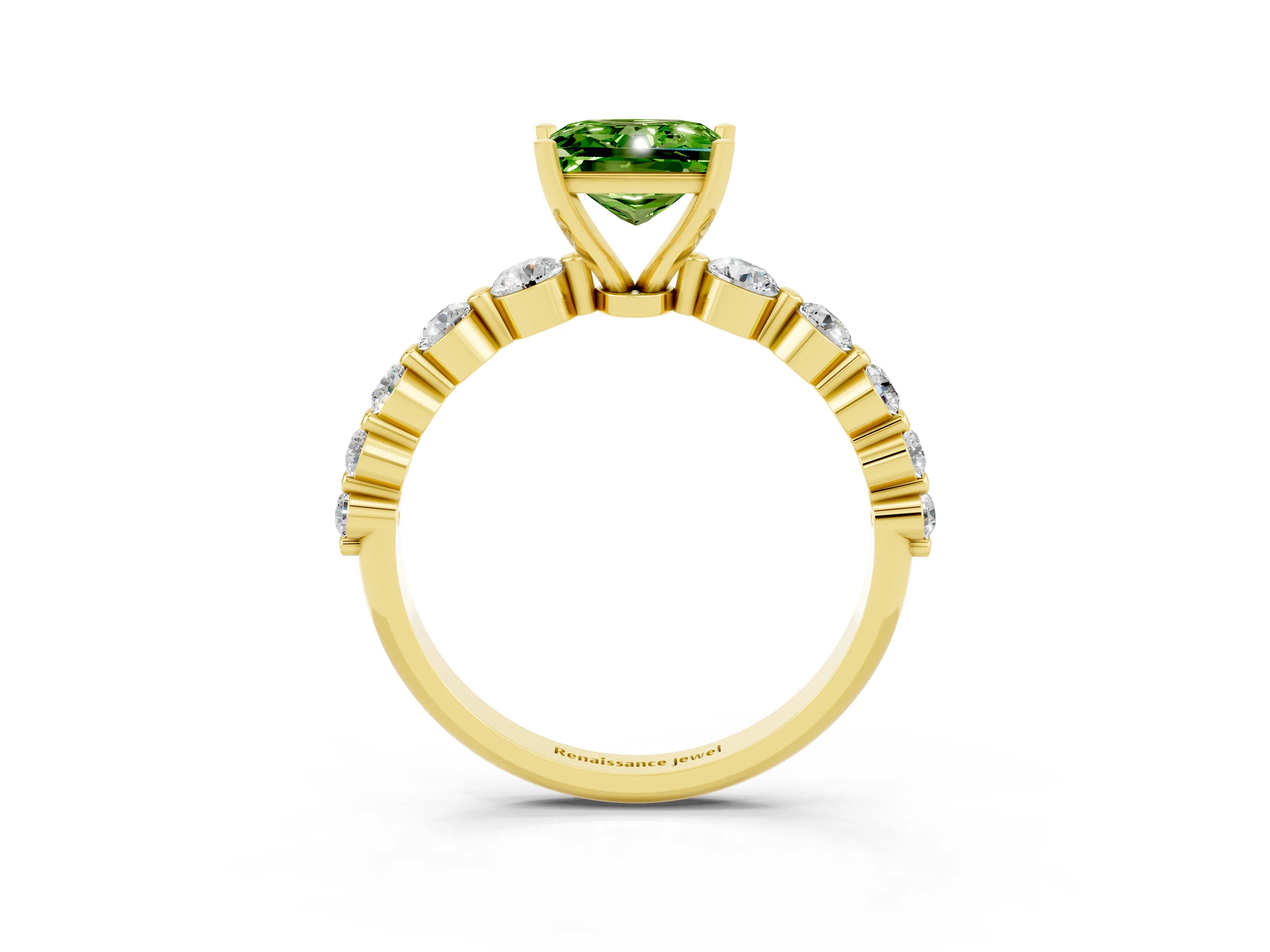 Yellow gold Princess Cut Solitaire Peridot Ring with Pave Band and Four-Prong Setting_3