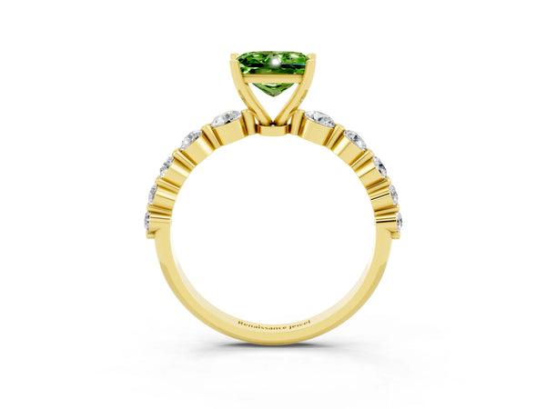 Yellow gold Princess Cut Solitaire Peridot Ring with Pave Band and Four-Prong Setting