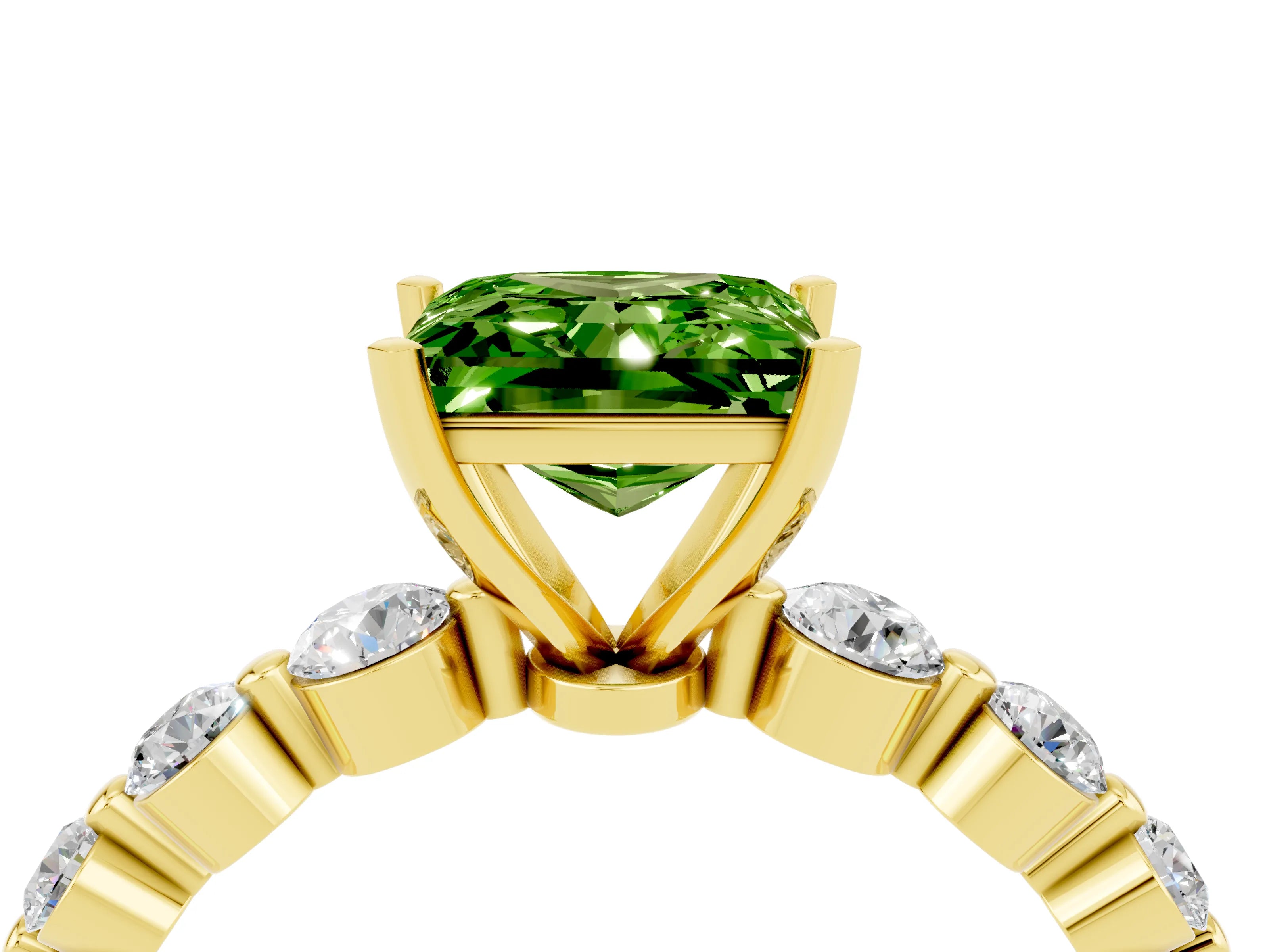 Yellow gold Princess Cut Solitaire Peridot Ring with Pave Band and Four-Prong Setting_4