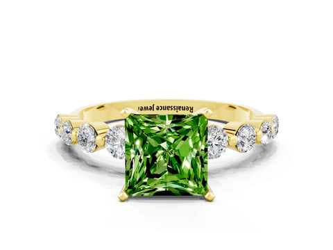 Yellow gold Princess Cut Solitaire Peridot Ring with Pave Band and Four-Prong Setting