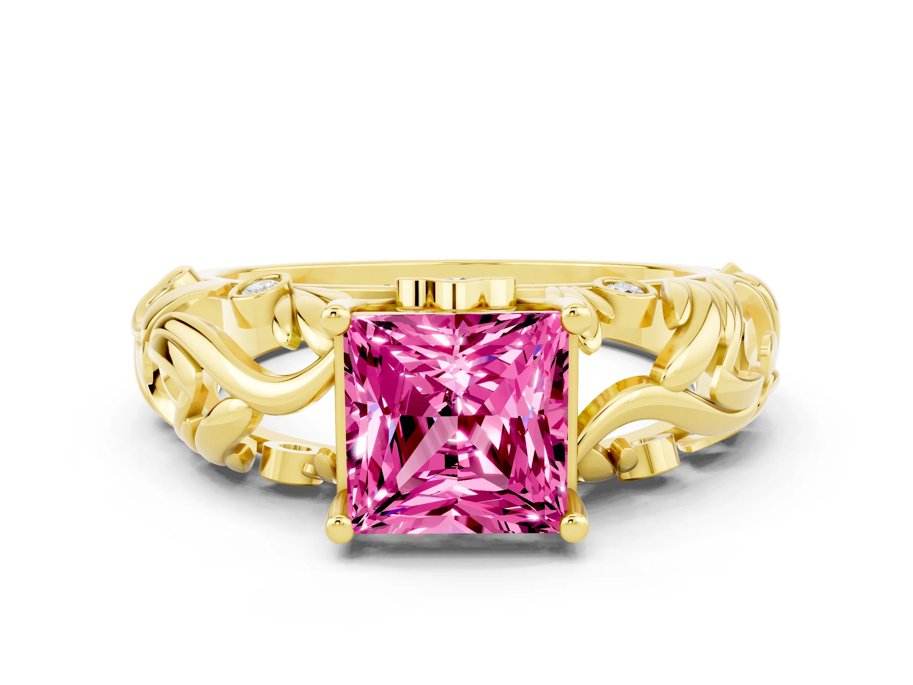 Yellow gold Princess Cut Solitaire Pink Sapphire Leaf-Inspired Vine Band Ring with Prong Setting_24