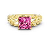 Yellow gold Princess Cut Solitaire Pink Sapphire Leaf-Inspired Vine Band Ring with Prong Setting_24