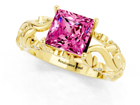 Yellow gold Princess Cut Solitaire Pink Sapphire Leaf-Inspired Vine Band Ring with Prong Setting_25