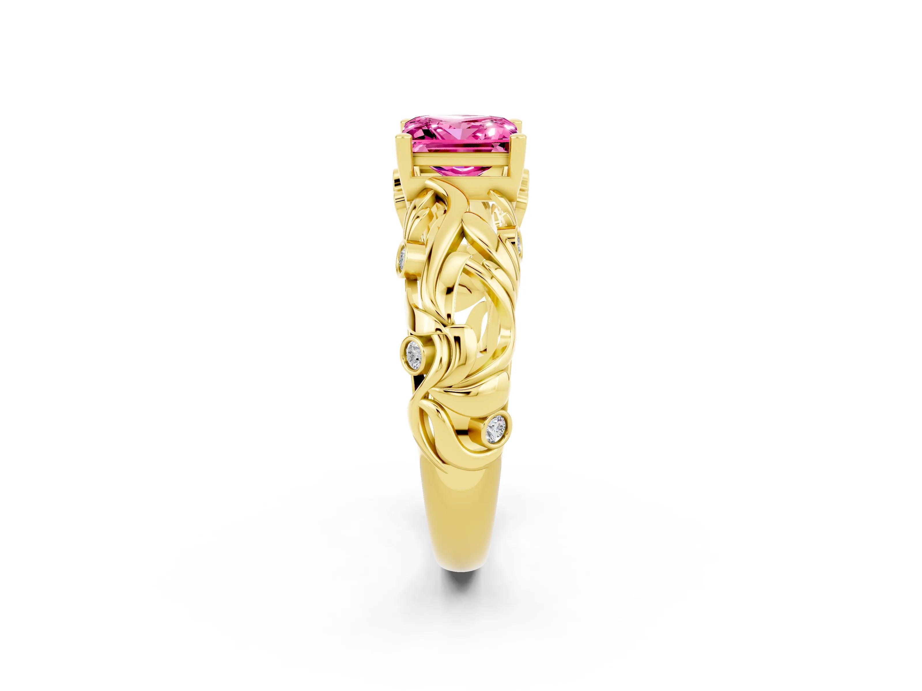 Yellow gold Princess Cut Solitaire Pink Sapphire Leaf-Inspired Vine Band Ring with Prong Setting_26