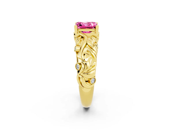 Yellow gold Princess Cut Solitaire Pink Sapphire Leaf-Inspired Vine Band Ring with Prong Setting