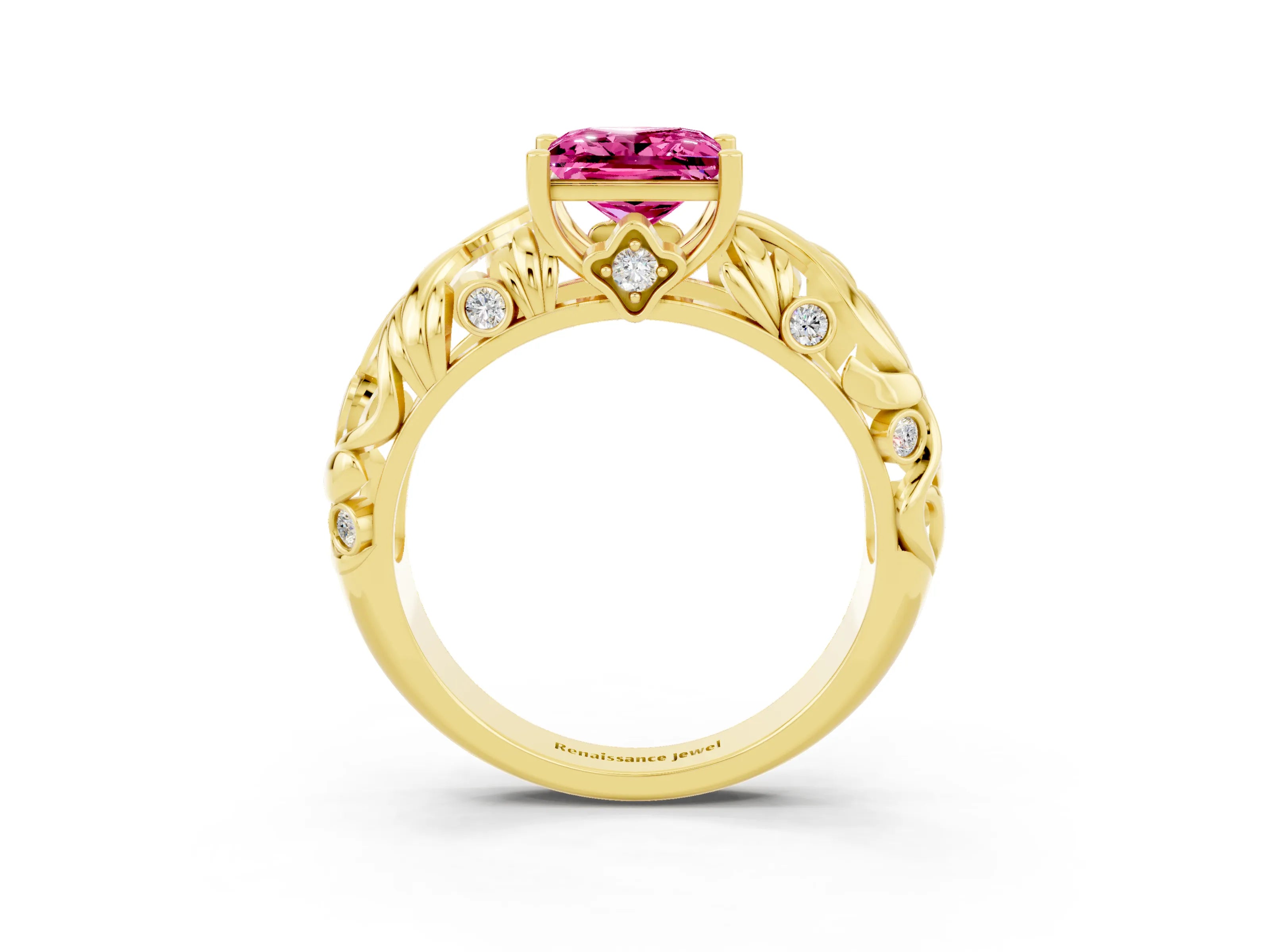 Yellow gold Princess Cut Solitaire Pink Sapphire Leaf-Inspired Vine Band Ring with Prong Setting_27