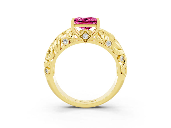Yellow gold Princess Cut Solitaire Pink Sapphire Leaf-Inspired Vine Band Ring with Prong Setting