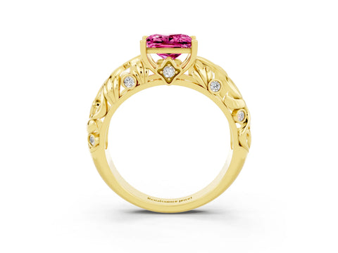 Yellow gold Princess Cut Solitaire Pink Sapphire Leaf-Inspired Vine Band Ring with Prong Setting_27