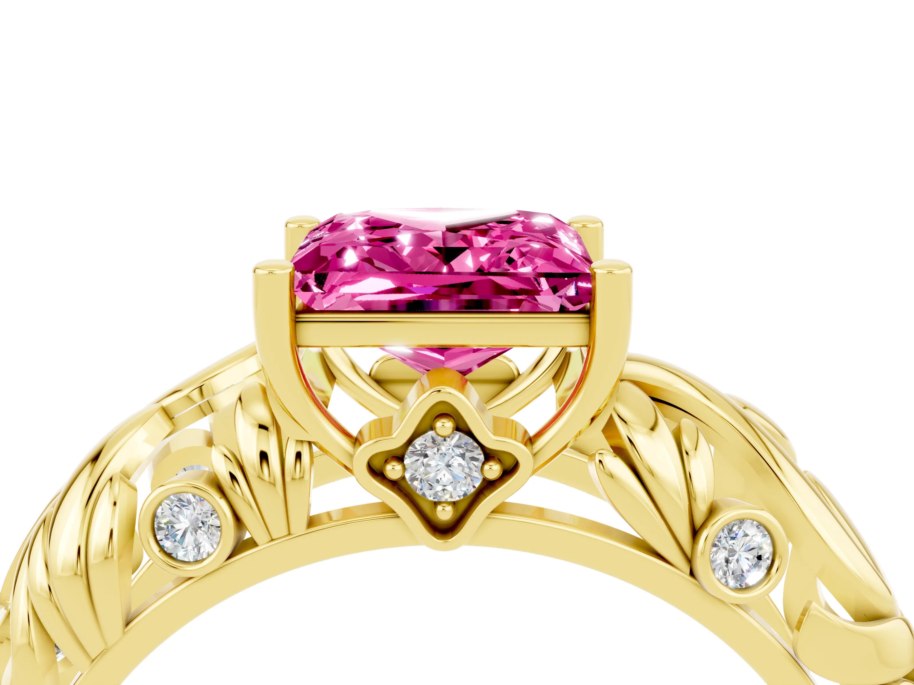 Yellow gold Princess Cut Solitaire Pink Sapphire Leaf-Inspired Vine Band Ring with Prong Setting_28