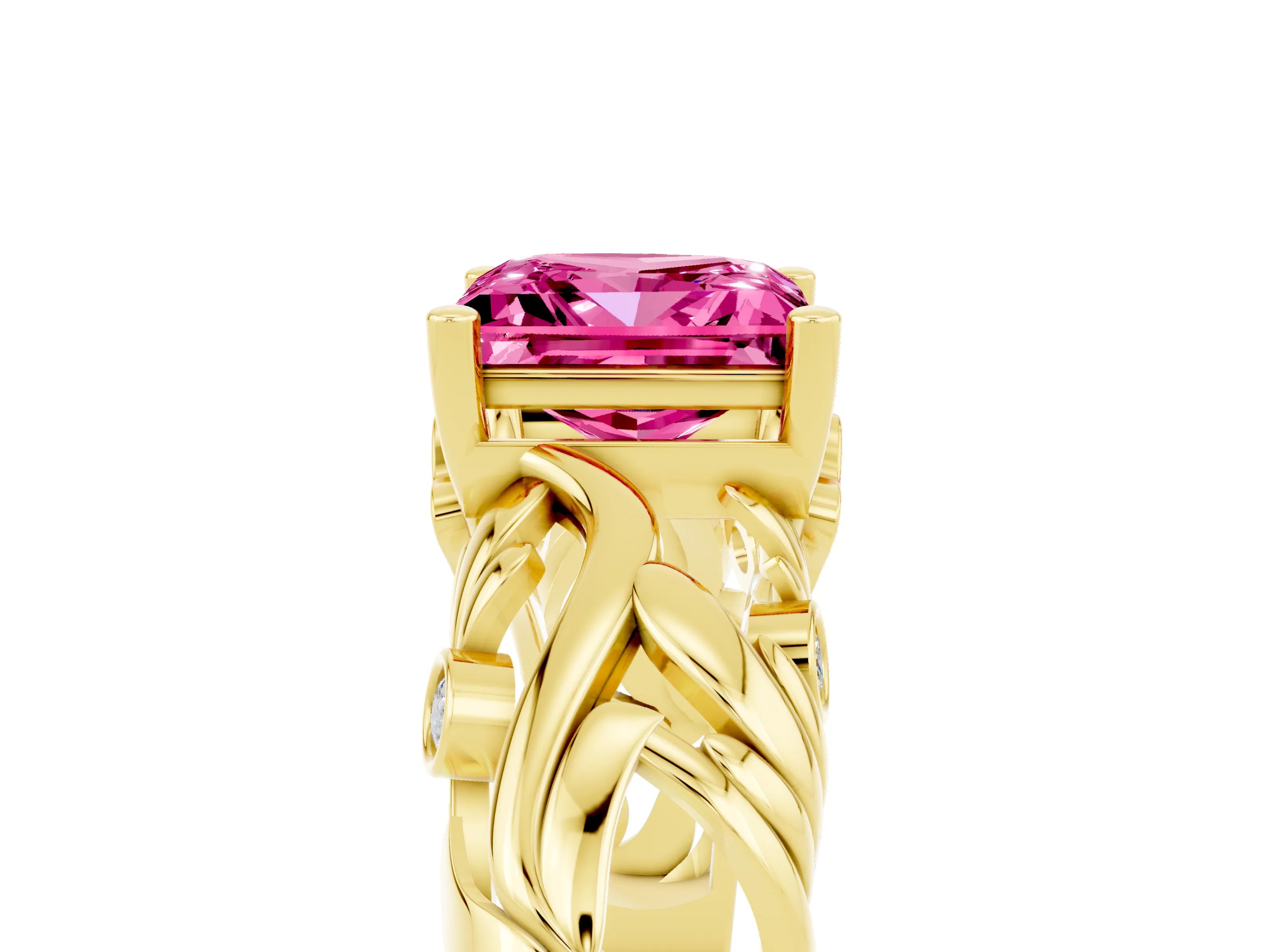Yellow gold Princess Cut Solitaire Pink Sapphire Leaf-Inspired Vine Band Ring with Prong Setting_29