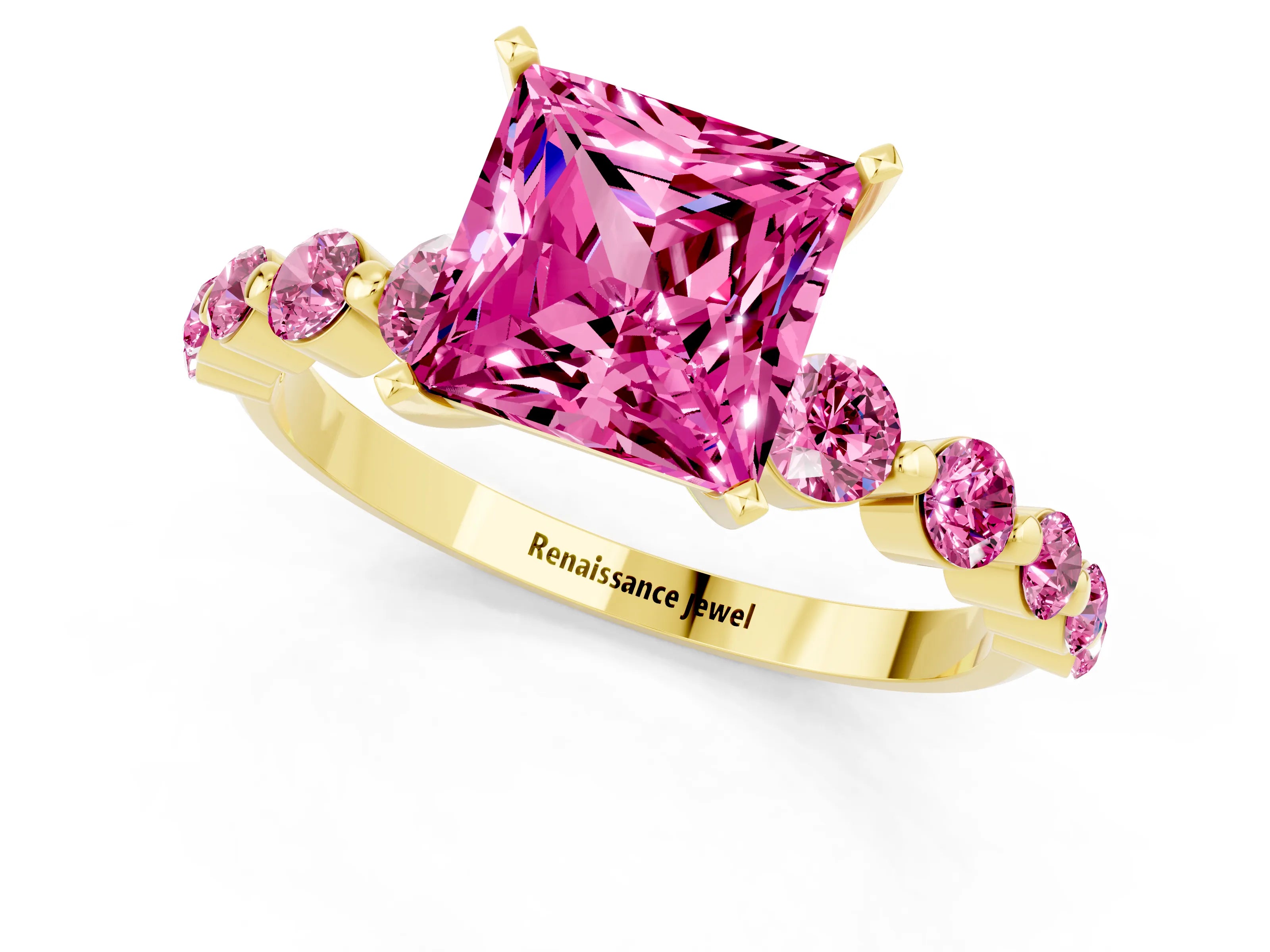 Yellow gold Princess Cut Solitaire Pink Sapphire Ring with Pave Band and Four-Prong Setting_1