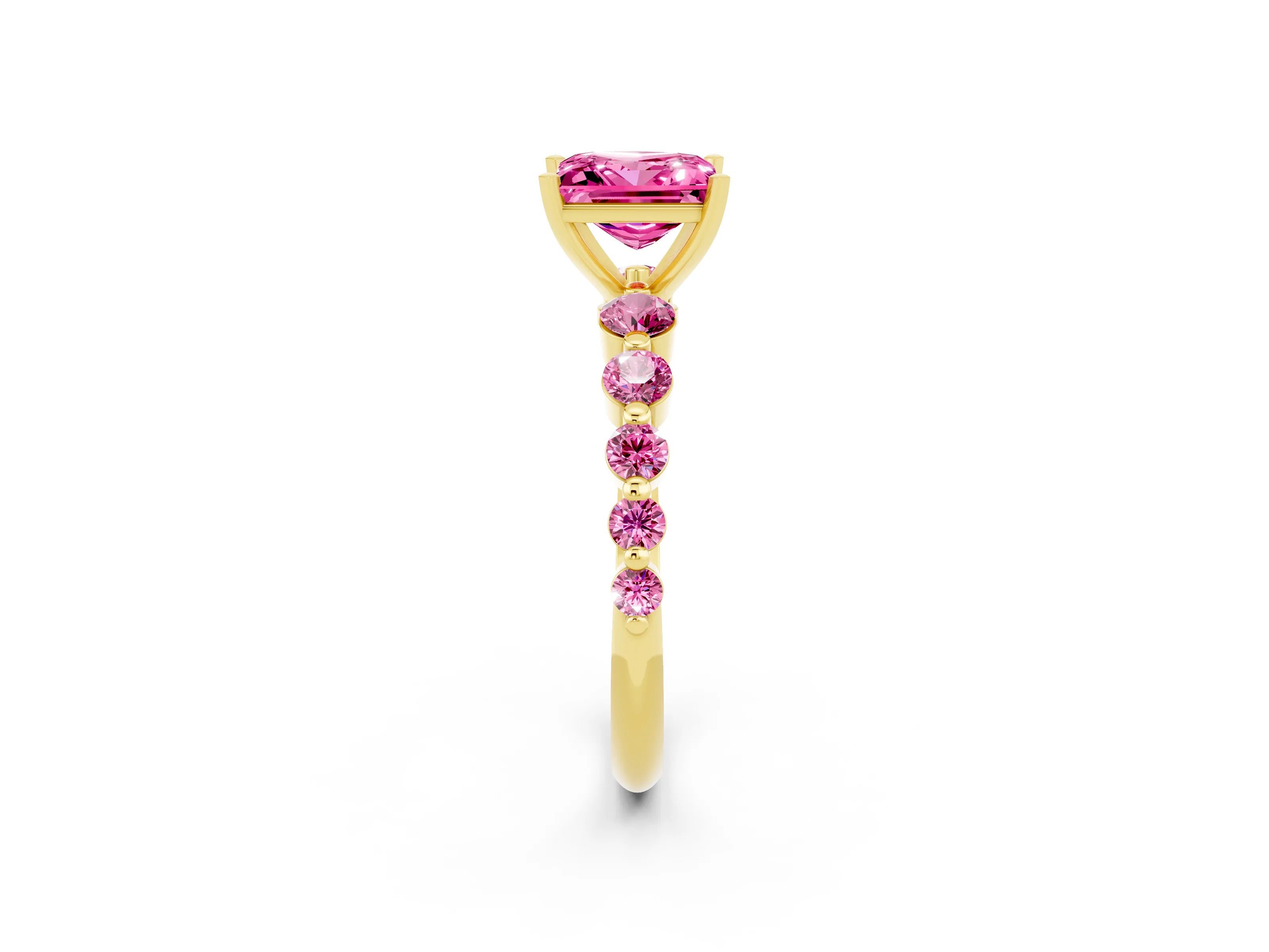 Yellow gold Princess Cut Solitaire Pink Sapphire Ring with Pave Band and Four-Prong Setting_2
