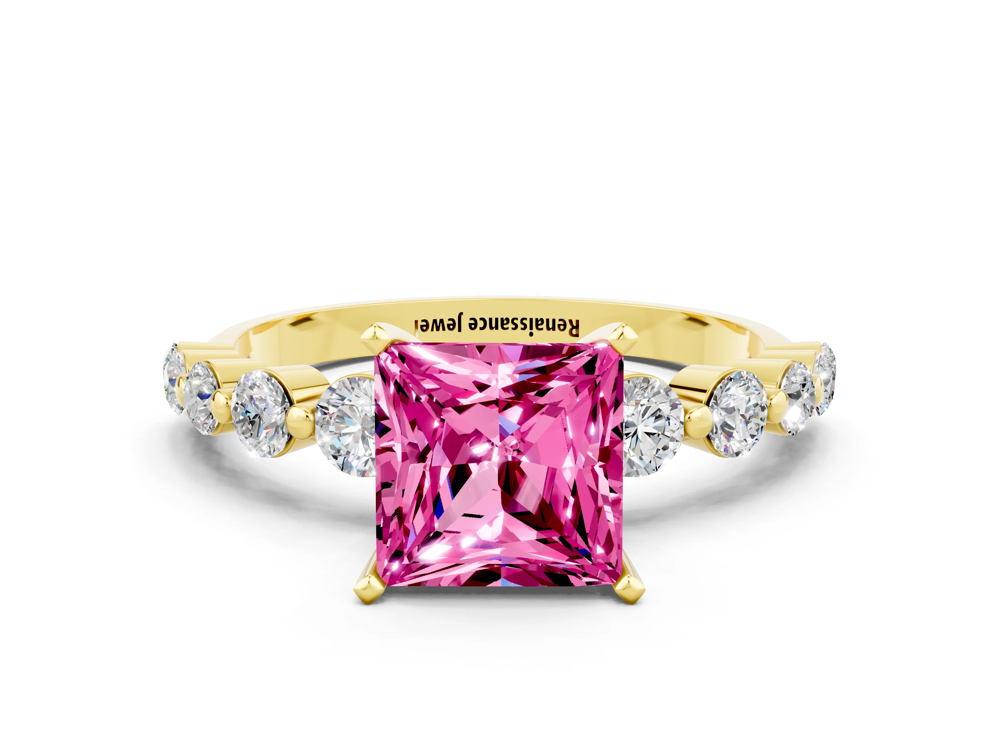Yellow gold Princess Cut Solitaire Pink Sapphire Ring with Pave Band and Four-Prong Setting_24