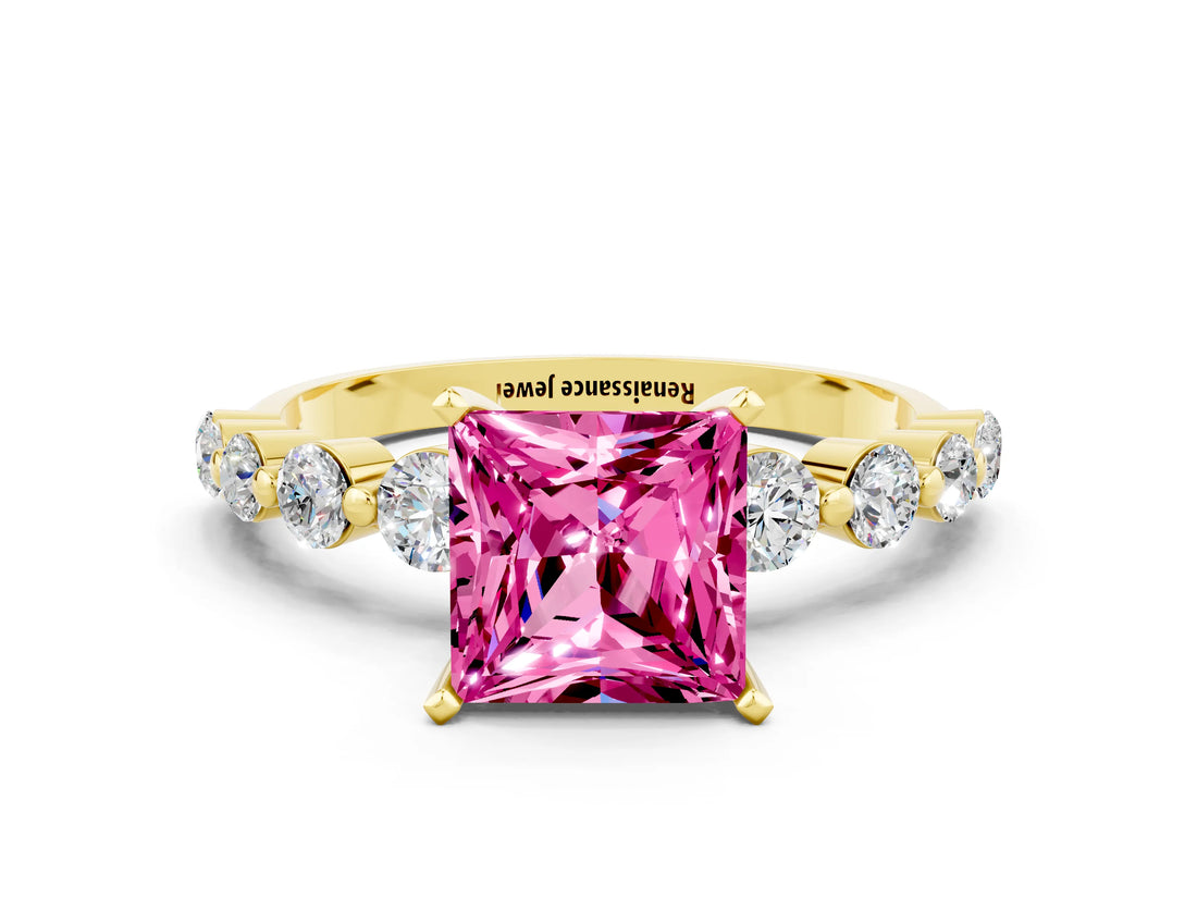 Yellow gold Princess Cut Solitaire Pink Sapphire Ring with Pave Band and Four-Prong Setting_24