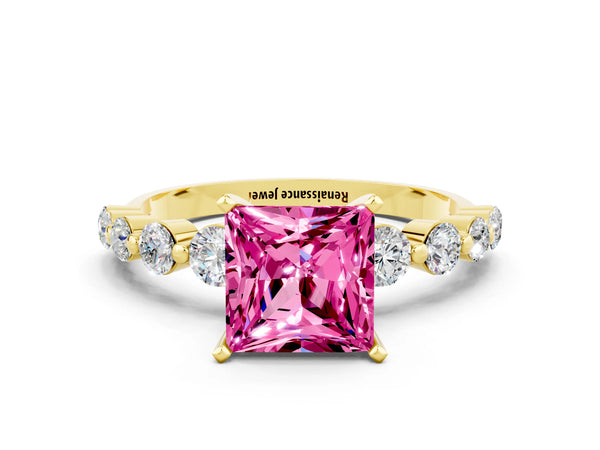 Yellow gold Princess Cut Solitaire Pink Sapphire Ring with Pave Band and Four-Prong Setting