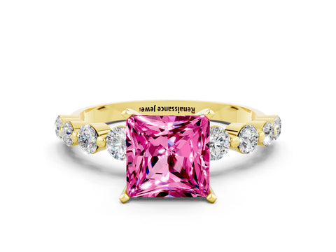 Yellow gold Princess Cut Solitaire Pink Sapphire Ring with Pave Band and Four-Prong Setting_24