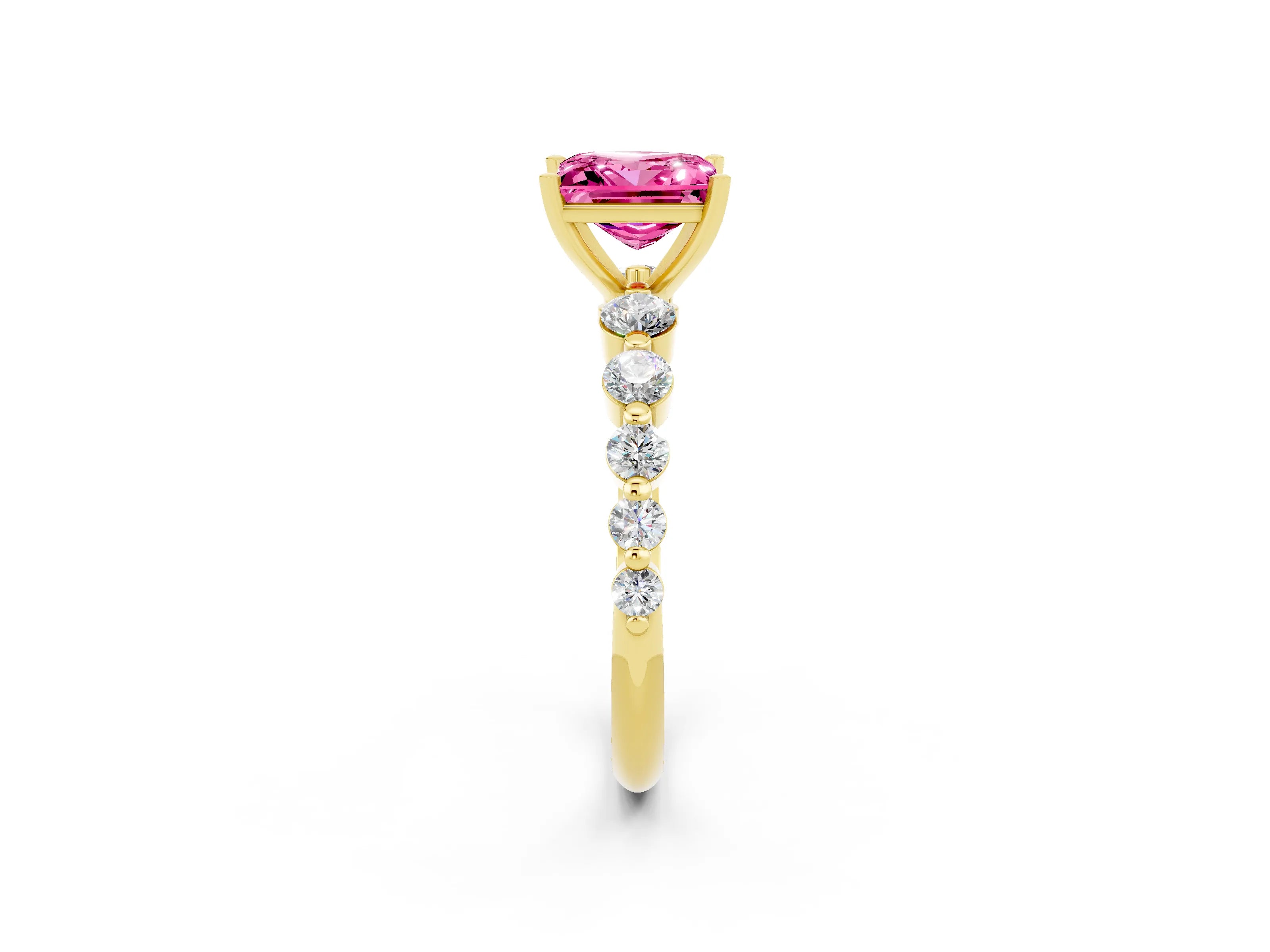Yellow gold Princess Cut Solitaire Pink Sapphire Ring with Pave Band and Four-Prong Setting_26