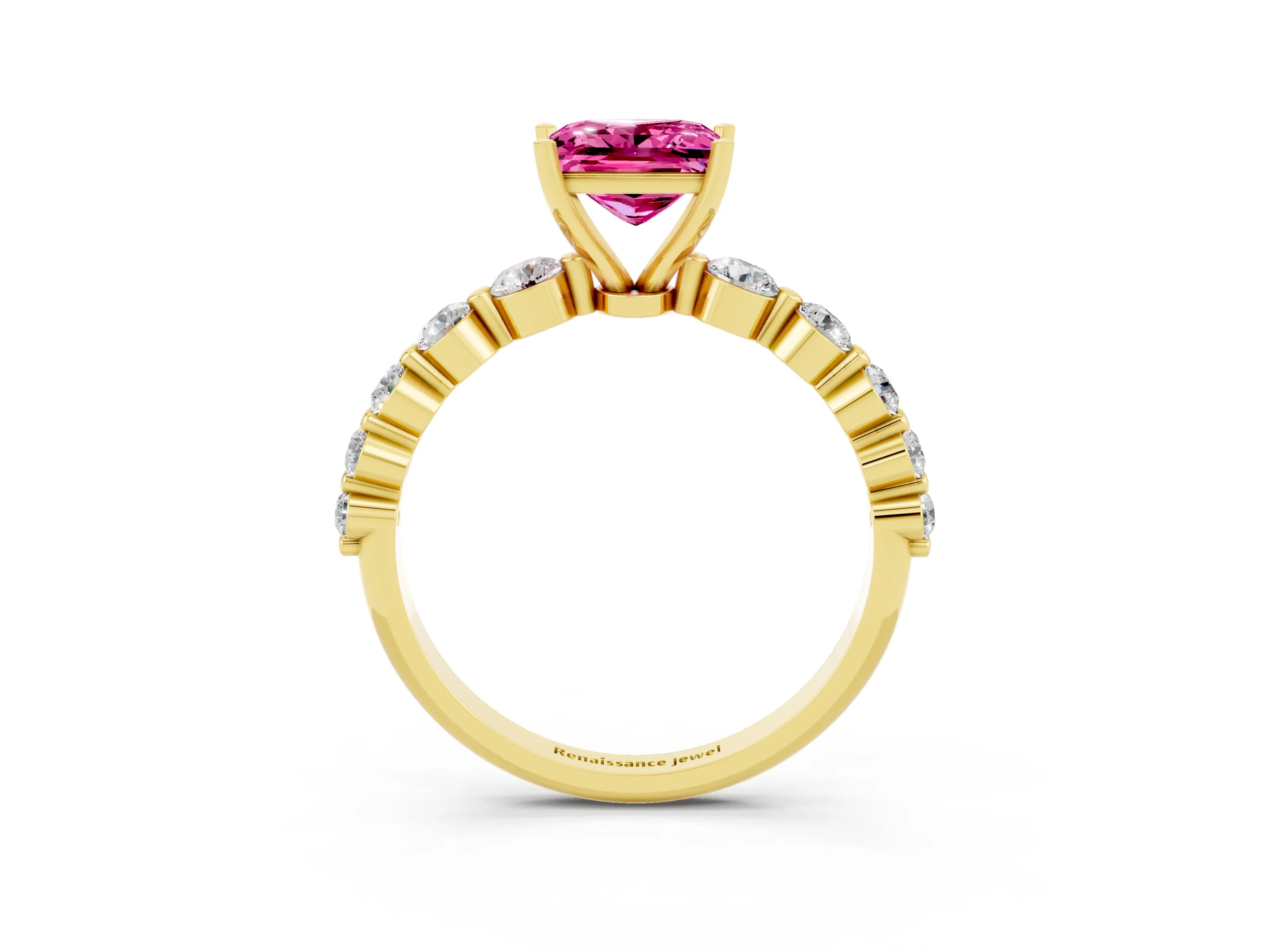 Yellow gold Princess Cut Solitaire Pink Sapphire Ring with Pave Band and Four-Prong Setting_27