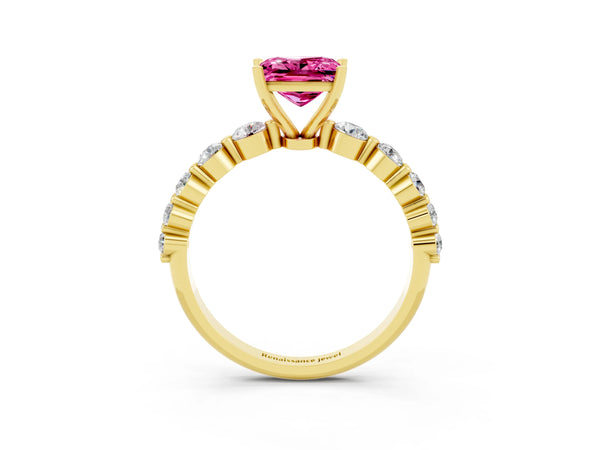 Yellow gold Princess Cut Solitaire Pink Sapphire Ring with Pave Band and Four-Prong Setting