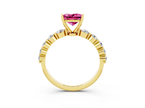 Yellow gold Princess Cut Solitaire Pink Sapphire Ring with Pave Band and Four-Prong Setting_27