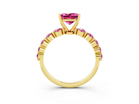 Yellow gold Princess Cut Solitaire Pink Sapphire Ring with Pave Band and Four-Prong Setting_3