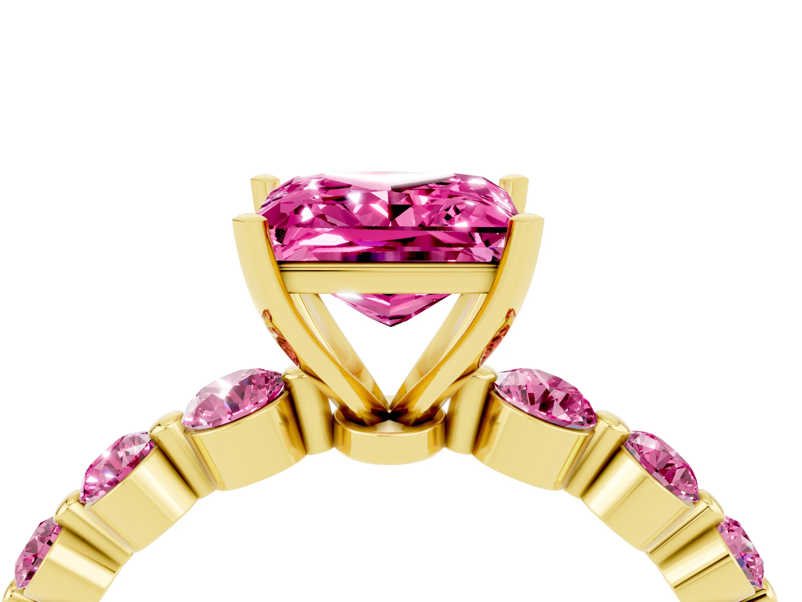 Yellow gold Princess Cut Solitaire Pink Sapphire Ring with Pave Band and Four-Prong Setting_4