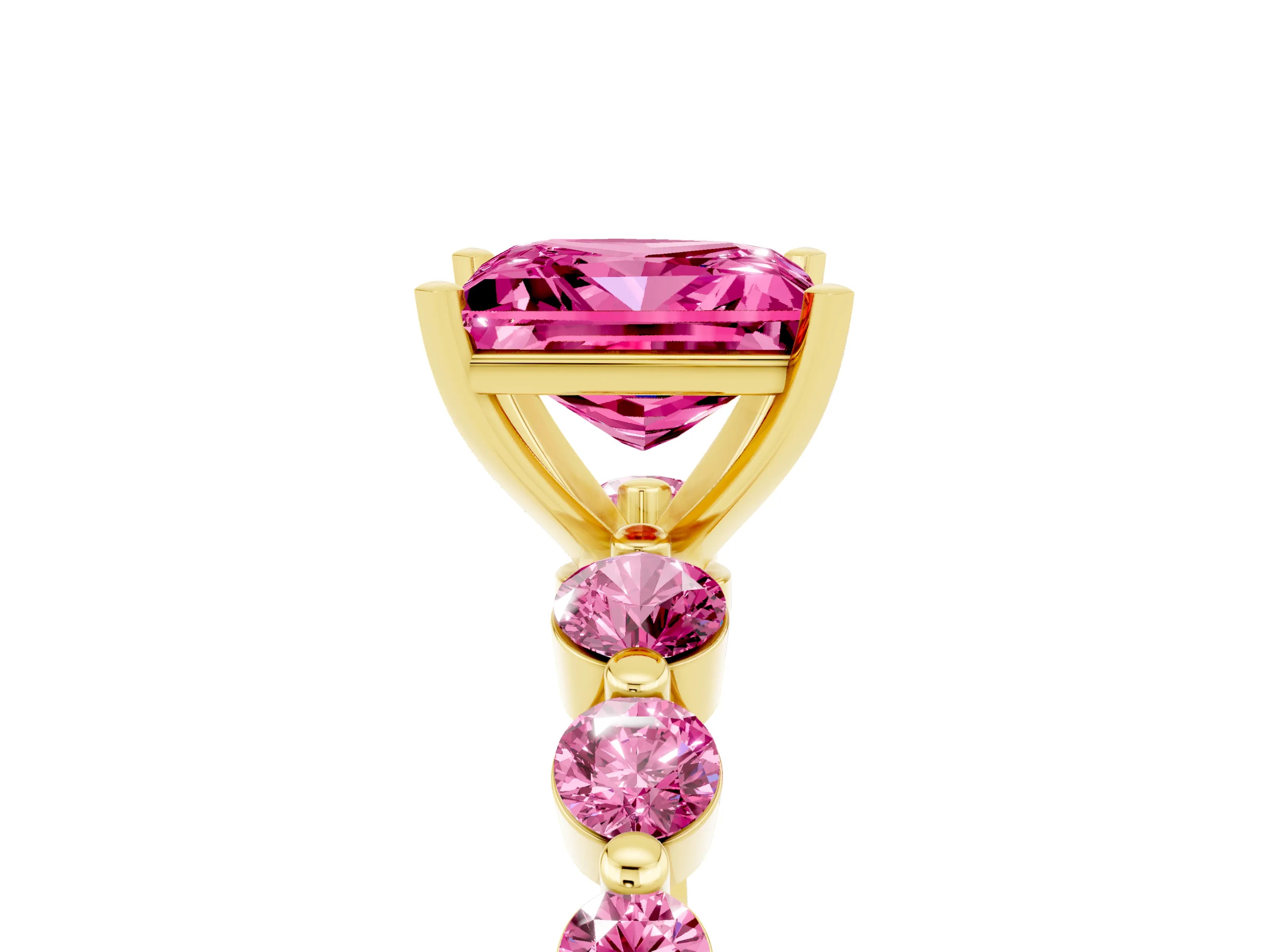 Yellow gold Princess Cut Solitaire Pink Sapphire Ring with Pave Band and Four-Prong Setting_5