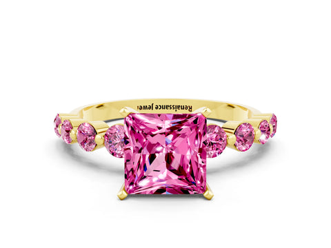 Yellow gold Princess Cut Solitaire Pink Sapphire Ring with Pave Band and Four-Prong Setting